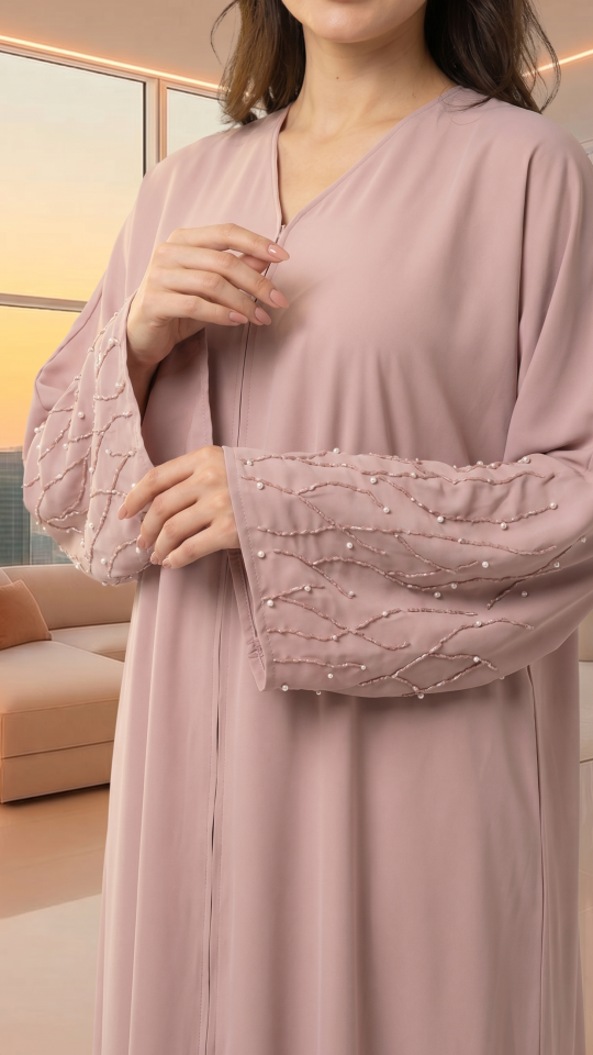Classic Front Open Abaya with Handwork on the Sleeves in Blush Pink