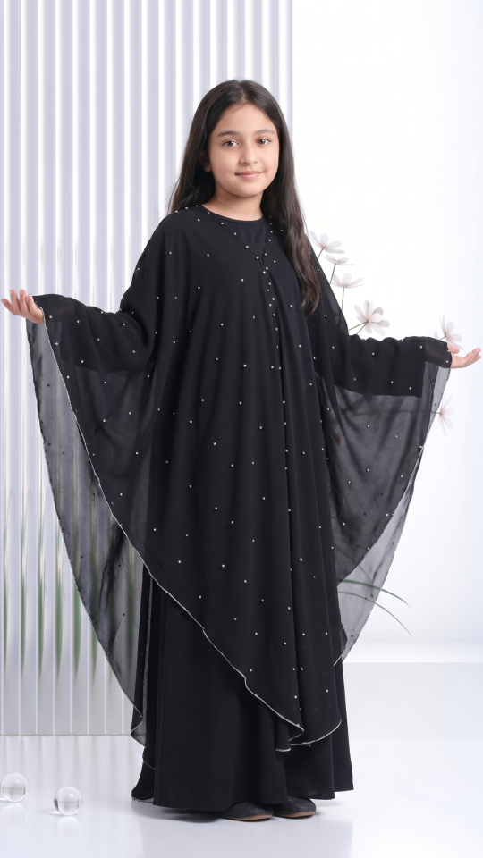Stylish Black Kids Hooded Modest Dress with Pearl Work on the Shrug