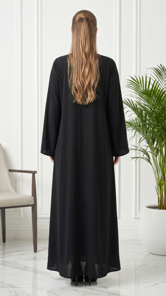 Abaya with Black Band work and Show Buttons on the Front in Black and Cream