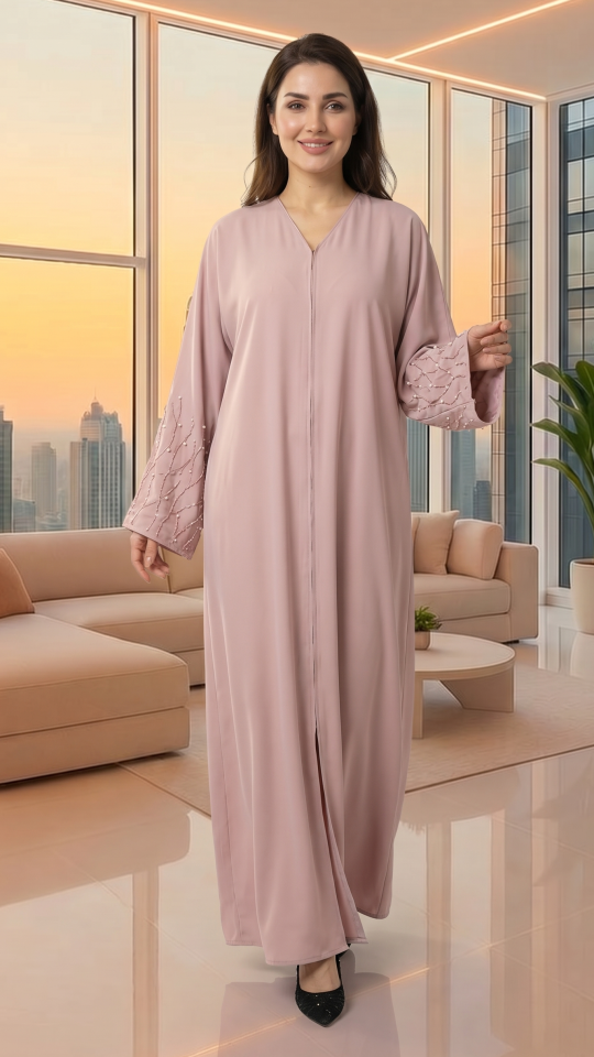 Classic Front Open Abaya with Handwork on the Sleeves in Blush Pink