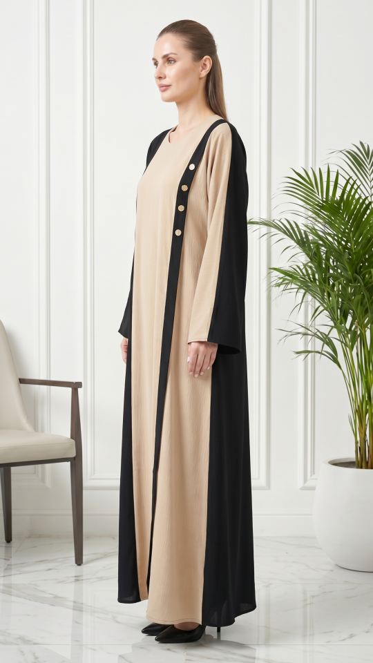 Abaya with Black Band work and Show Buttons on the Front in Black and Cream