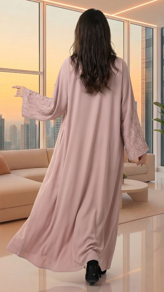 Classic Front Open Abaya with Handwork on the Sleeves in Blush Pink