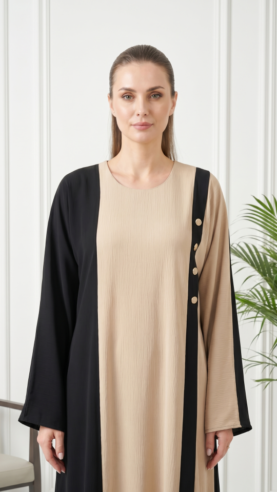 Abaya with Black Band work and Show Buttons on the Front in Black and Cream