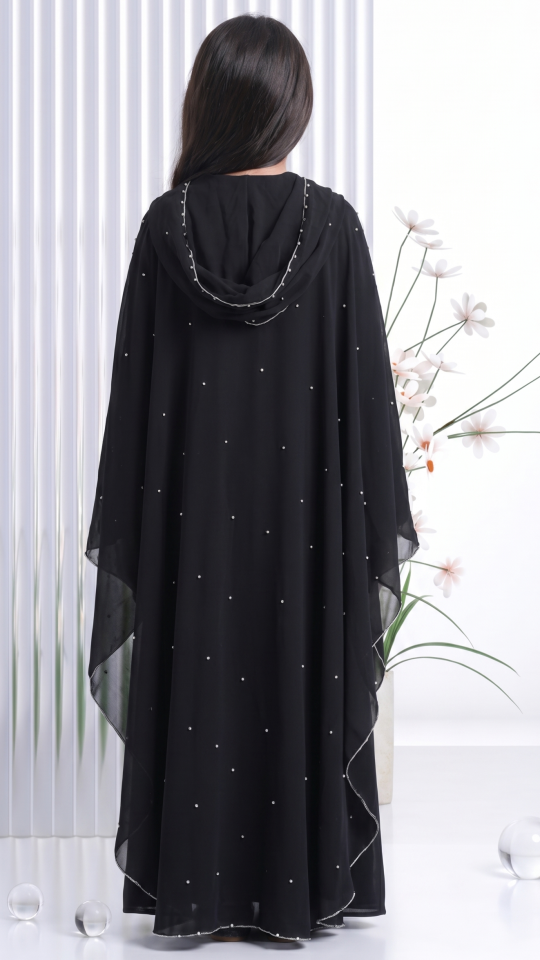 Stylish Black Kids Hooded Modest Dress with Pearl Work on the Shrug