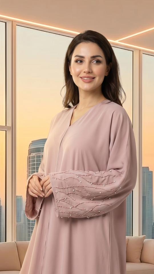 Classic Front Open Abaya with Handwork on the Sleeves in Blush Pink