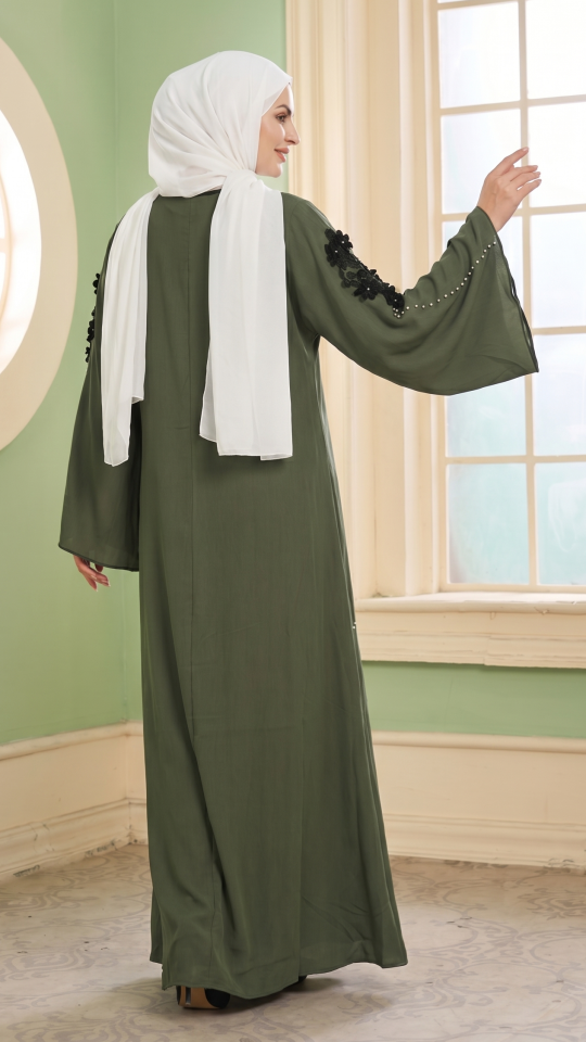 Simple Zoom Abaya with White Pearl Work and Embroidery Lace in Olive
