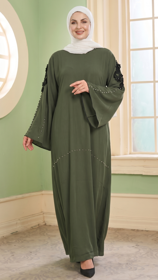 Simple Zoom Abaya with White Pearl Work and Embroidery Lace in Olive
