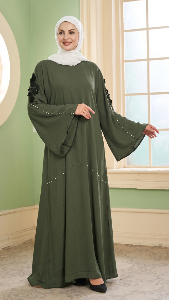 Simple Zoom Abaya with White Pearl Work and Embroidery Lace in Olive