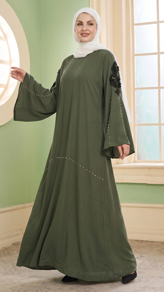 Simple Zoom Abaya with White Pearl Work and Embroidery Lace in Olive