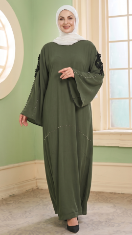 Simple Zoom Abaya with White Pearl Work and Embroidery Lace in Olive
