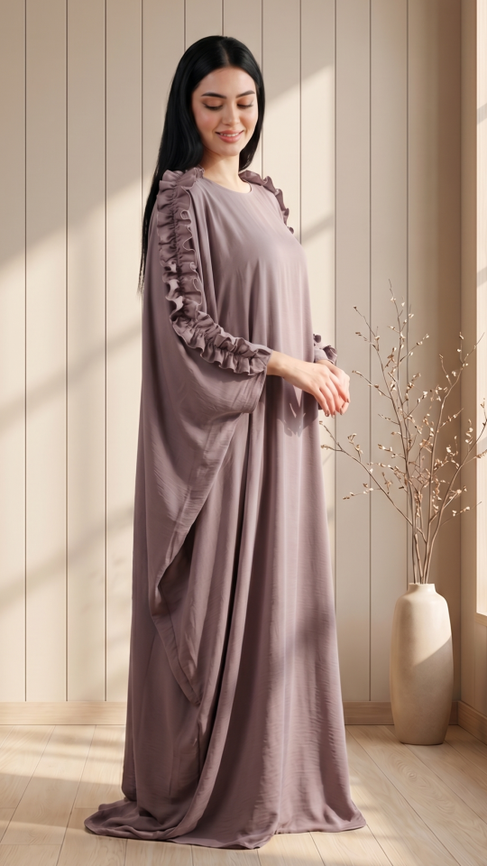 Bulk Kaftan with Frill Work on the Sleeves and Neck in Blush Pink