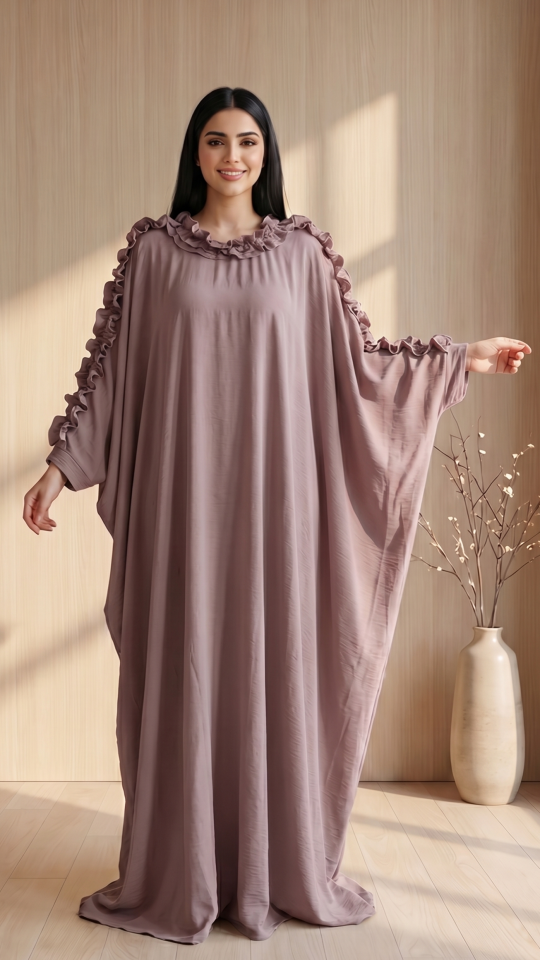 Bulk Kaftan with Frill Work on the Sleeves and Neck in Blush Pink