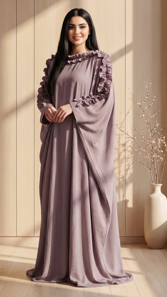 Bulk Kaftan with Frill Work on the Sleeves and Neck in Blush Pink