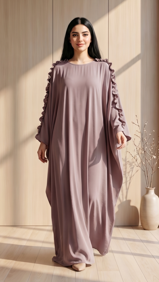 Bulk Kaftan with Frill Work on the Sleeves and Neck in Blush Pink