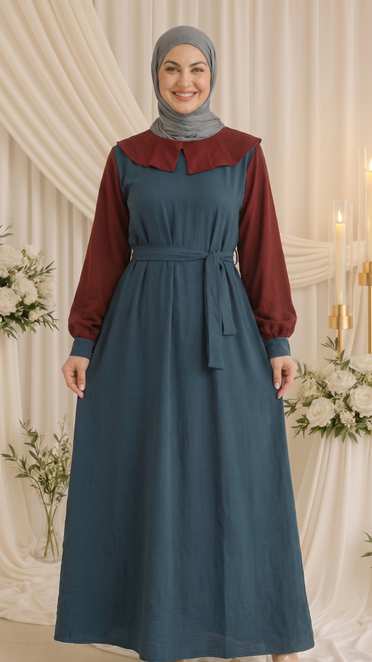 CEY Modest Dress with a Belt in Maroon and Dark Grey