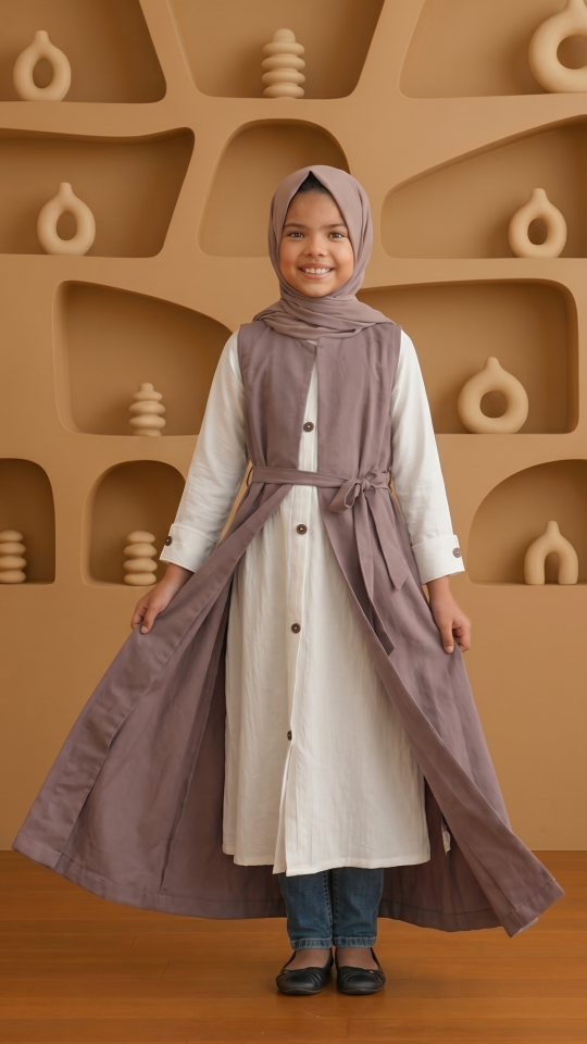 Stylish Brown and OffWhite Kids Modest Dress with a Shrug and Show Buttons on the Front and Sleeves
