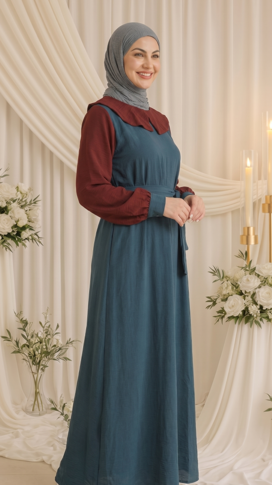 CEY Modest Dress with a Belt in Maroon and Dark Grey