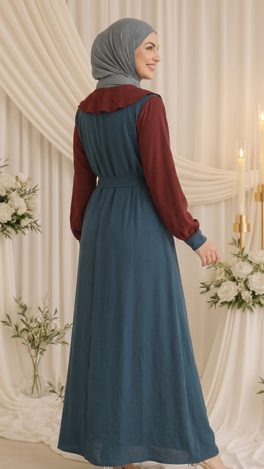 CEY Modest Dress with a Belt in Maroon and Dark Grey