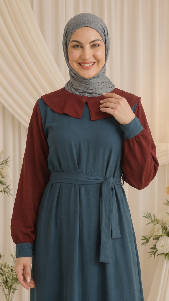 CEY Modest Dress with a Belt in Maroon and Dark Grey