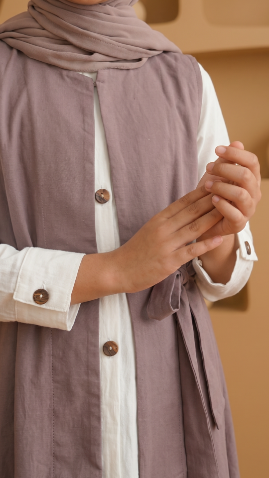 Stylish Brown and OffWhite Kids Modest Dress with a Shrug and Show Buttons on the Front and Sleeves