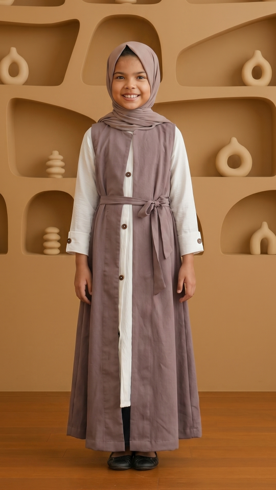 Stylish Brown and OffWhite Kids Modest Dress with a Shrug and Show Buttons on the Front and Sleeves