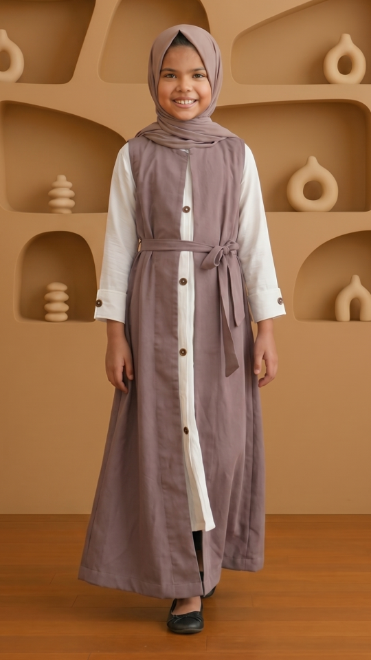 Stylish Brown and OffWhite Kids Modest Dress with a Shrug and Show Buttons on the Front and Sleeves