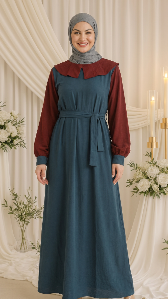 CEY Modest Dress with a Belt in Maroon and Dark Grey