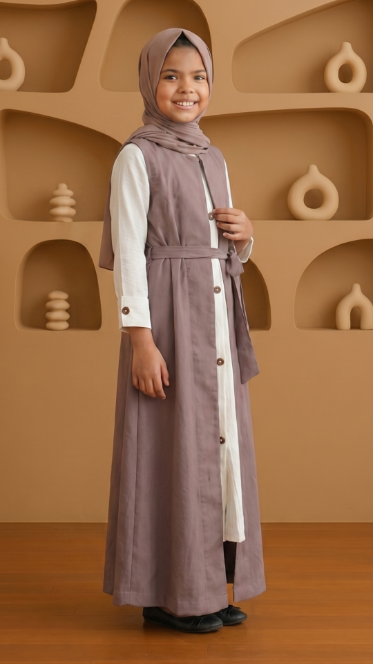 Stylish Brown and OffWhite Kids Modest Dress with a Shrug and Show Buttons on the Front and Sleeves