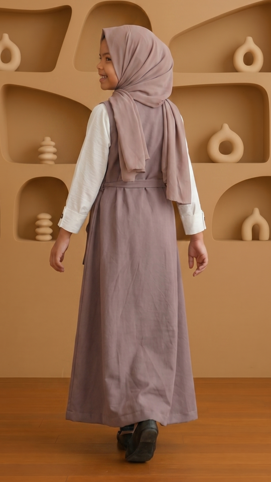 Stylish Brown and OffWhite Kids Modest Dress with a Shrug and Show Buttons on the Front and Sleeves