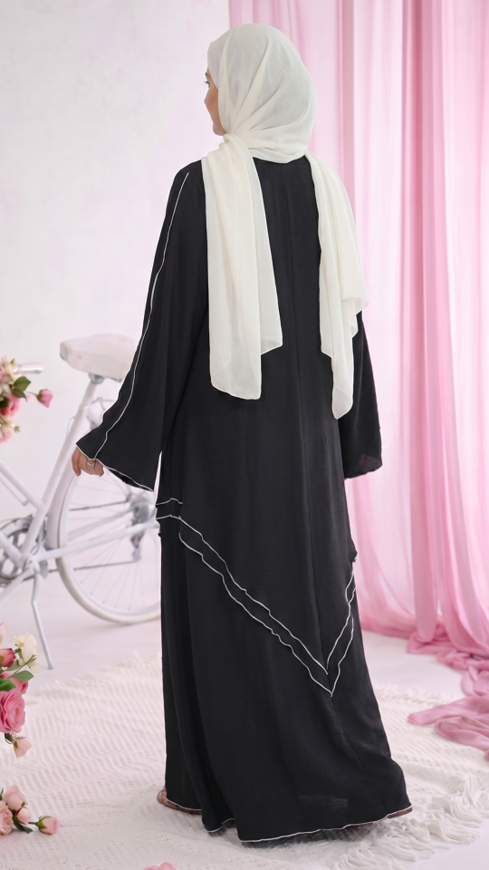 Bulk Modest Abaya with White Overlock Design on the Front and Sleeves in Black
