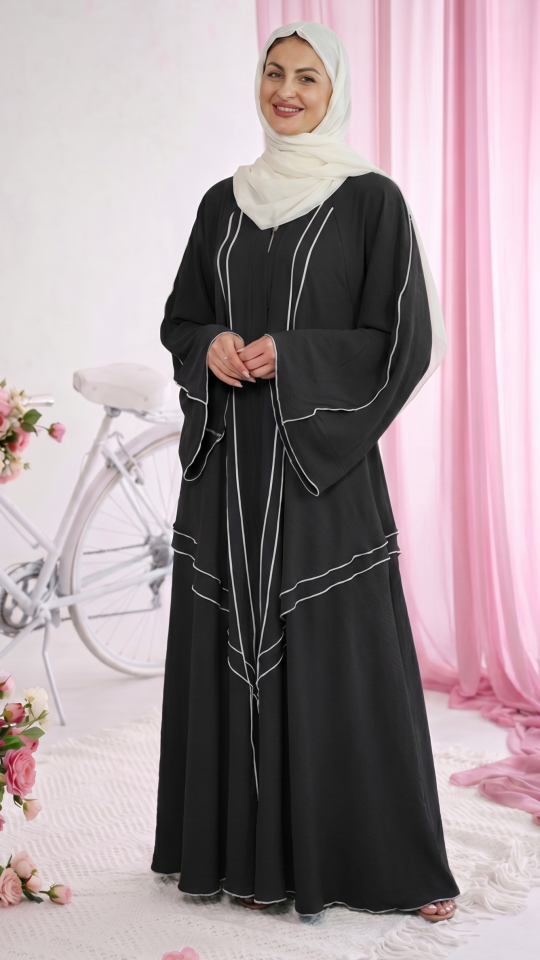 Bulk Modest Abaya with White Overlock Design on the Front and Sleeves in Black
