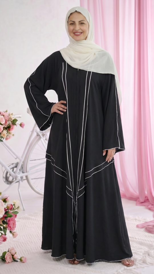 Bulk Modest Abaya with White Overlock Design on the Front and Sleeves in Black