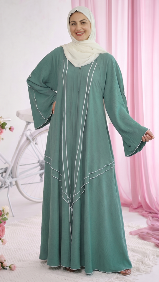 Bulk Modest Abaya with White Overlock Design on the Front and Sleeves in Turquoise