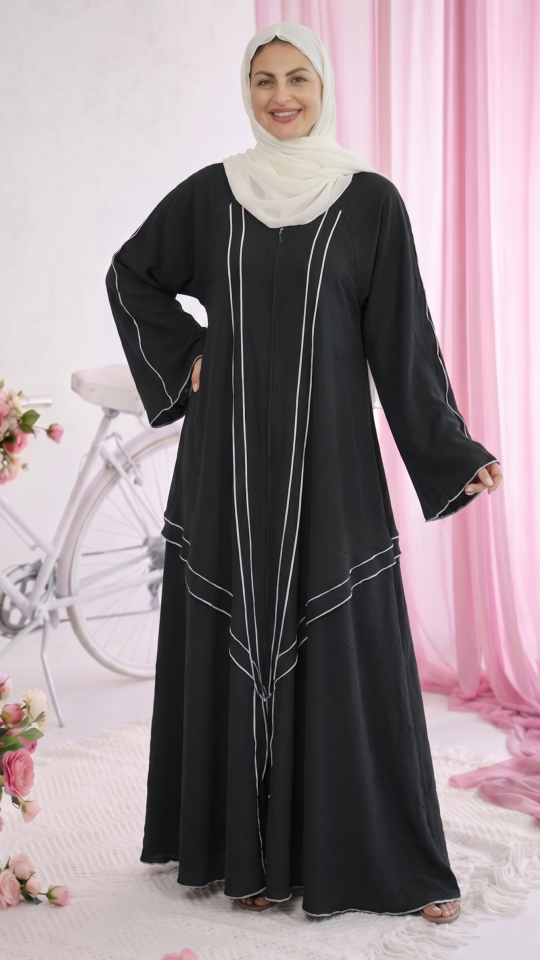 Bulk Modest Abaya with White Overlock Design on the Front and Sleeves in Black