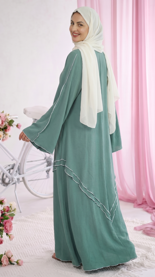 Bulk Modest Abaya with White Overlock Design on the Front and Sleeves in Turquoise