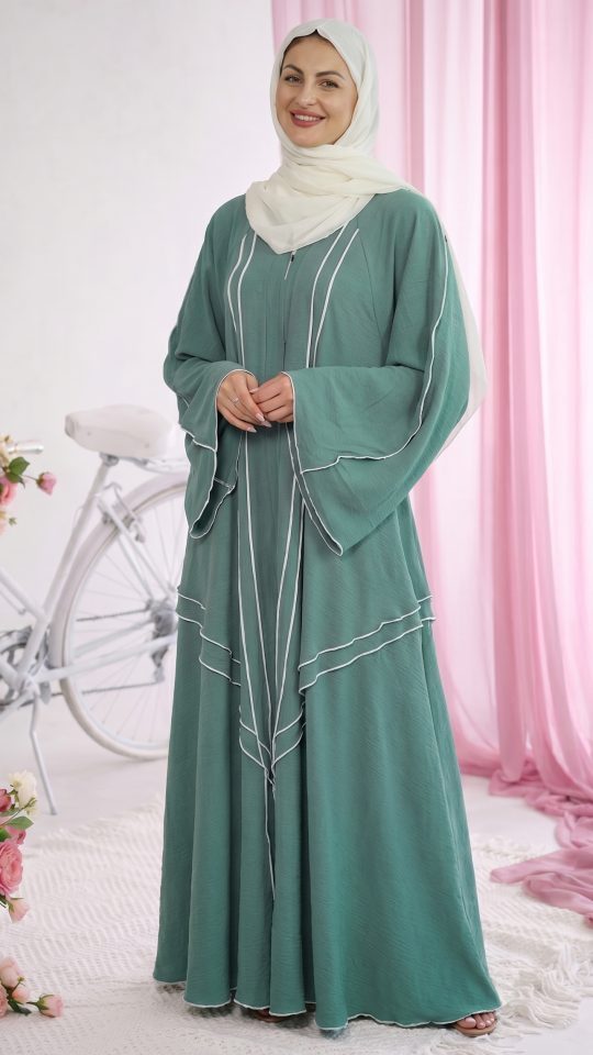 Bulk Modest Abaya with White Overlock Design on the Front and Sleeves in Turquoise