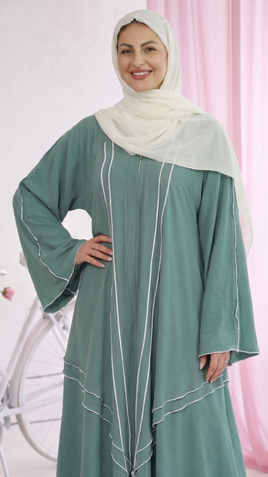 Bulk Modest Abaya with White Overlock Design on the Front and Sleeves in Turquoise