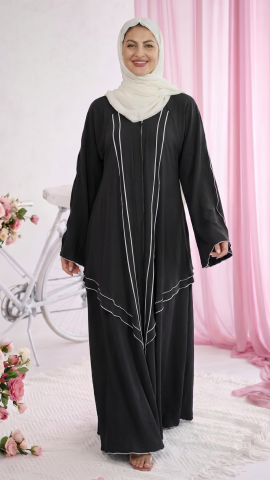 Bulk Modest Abaya with White Overlock Design on the Front and Sleeves in Black