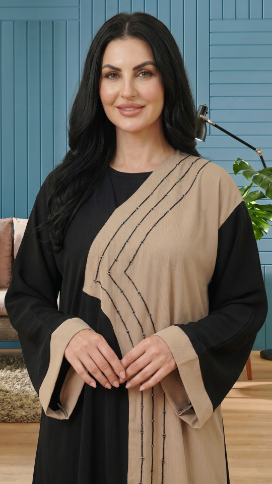 Simple Abaya with Handwork on the Front in Black And Beige