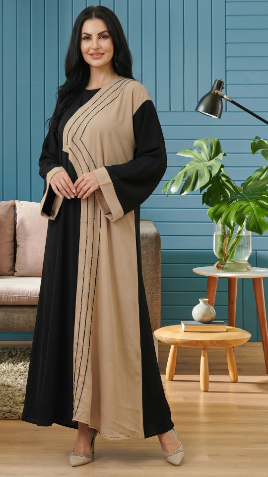 Simple Abaya with Handwork on the Front in Black And Beige