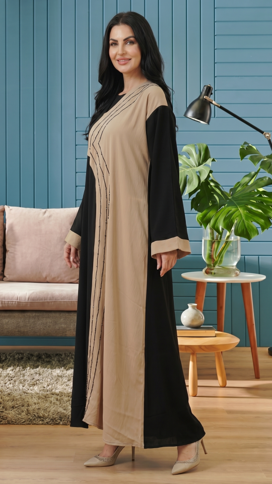 Simple Abaya with Handwork on the Front in Black And Beige