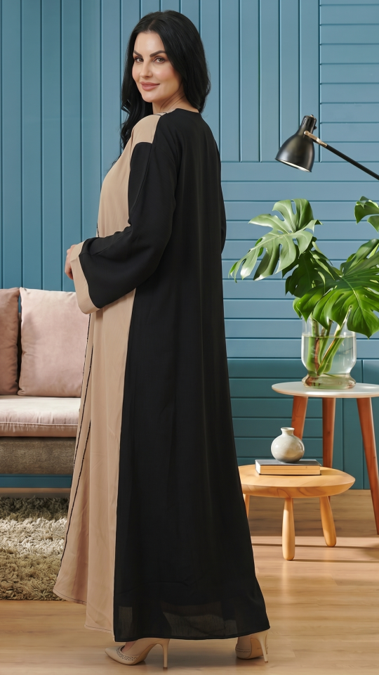 Simple Abaya with Handwork on the Front in Black And Beige