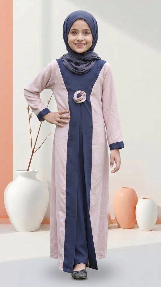 Stylish Kids Modest Dress with an Attached Shrug and Floral Show Bow on the Front