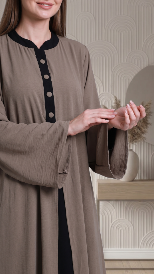 Black And Brown Attached Shrug Abaya with Show Buttons on the Front 