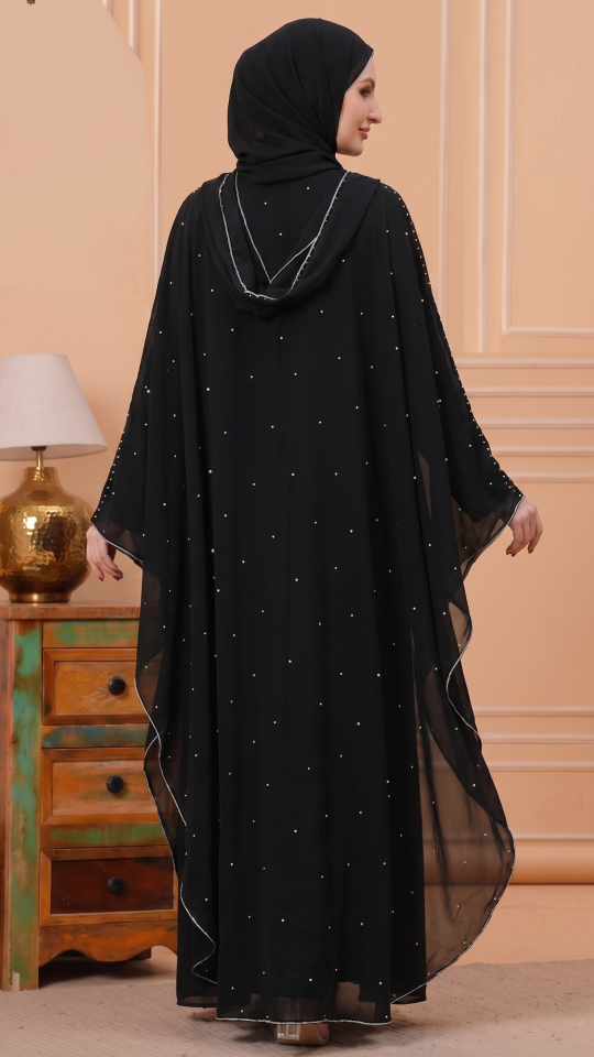 Modest Dress With Pearl Work On Shrug In Black