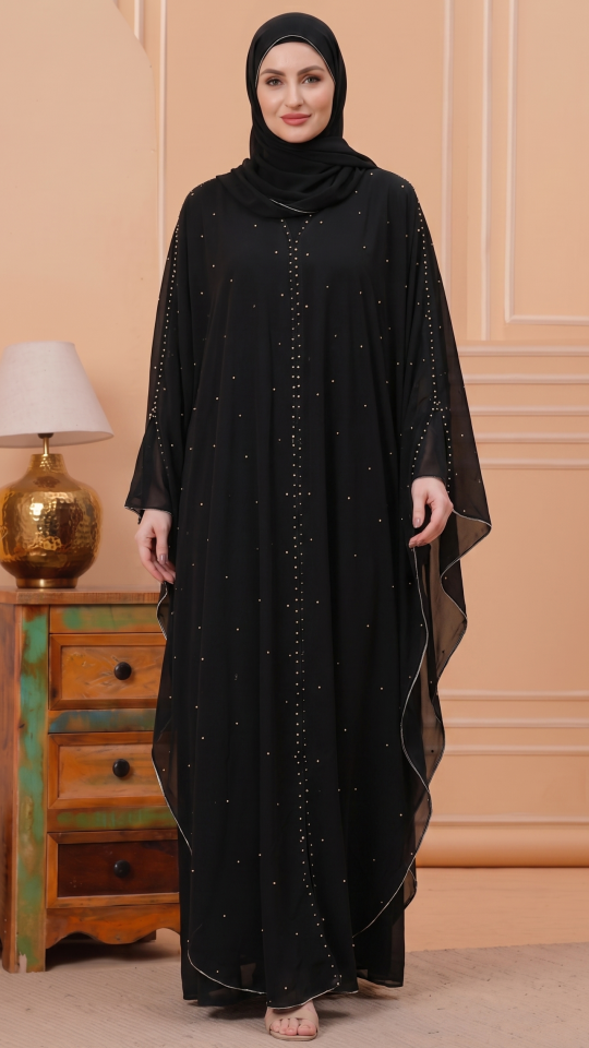Modest Dress With Pearl Work On Shrug In Black