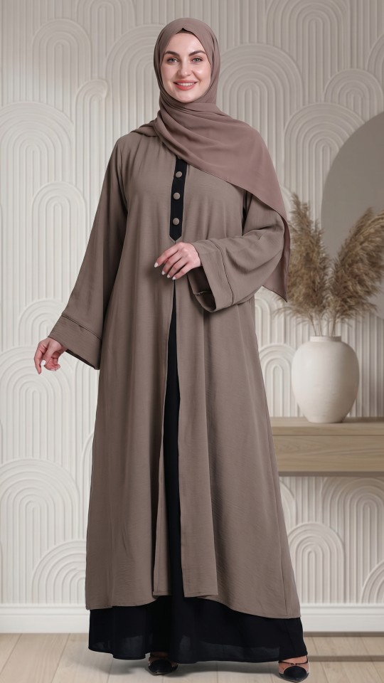 Black And Brown Attached Shrug Abaya with Show Buttons on the Front 