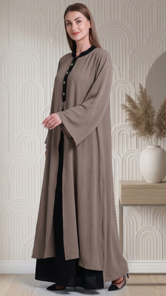 Black And Brown Attached Shrug Abaya with Show Buttons on the Front 