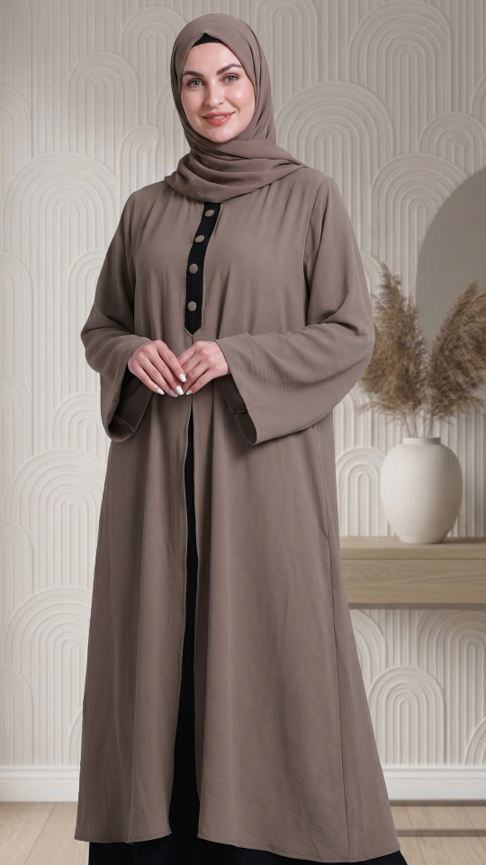 Black And Brown Attached Shrug Abaya with Show Buttons on the Front 