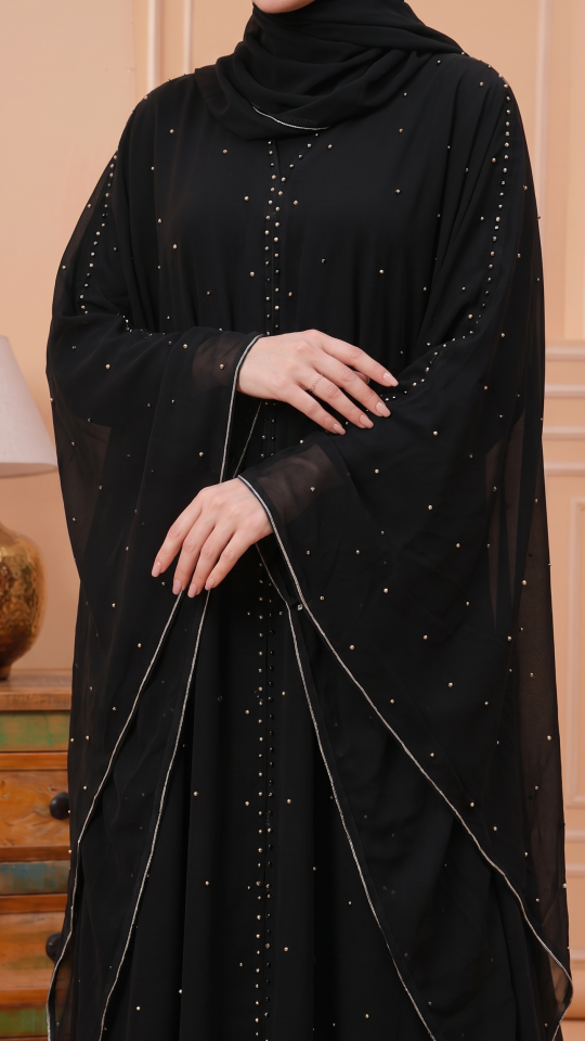 Modest Dress With Pearl Work On Shrug In Black